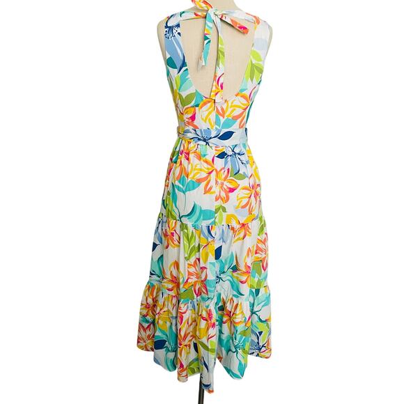 Tahari Tropical Floral Tiered Tie Back Midi Dress - Picture 9 of 10